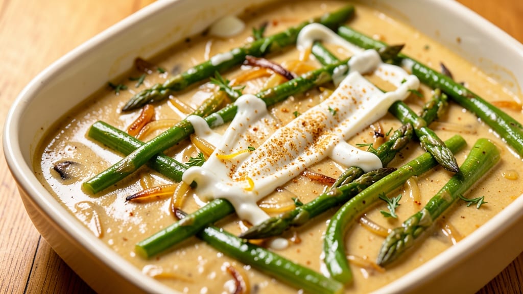 Asparagus and Green Bean Casserole Recipe: Crispy Fried Onion Crowns Over Creamy Mushroom Sauce