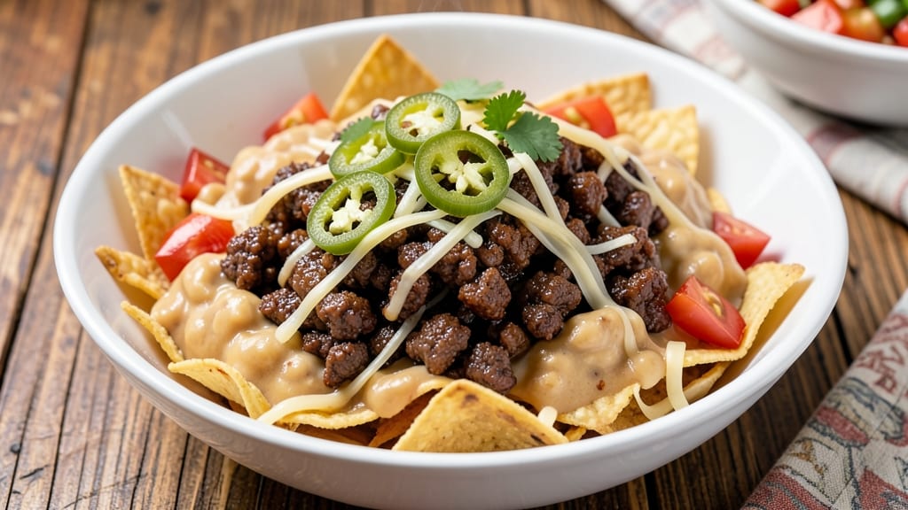 Beef and Bean Nachos Recipe: Smoky Tortilla Crunch Over Melty Cheese Lakes