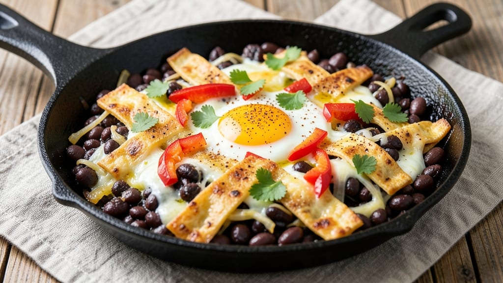 Black Bean and Egg Bake Recipe: Crispy Tortilla Crowns Over Spiced Cheese Lakes