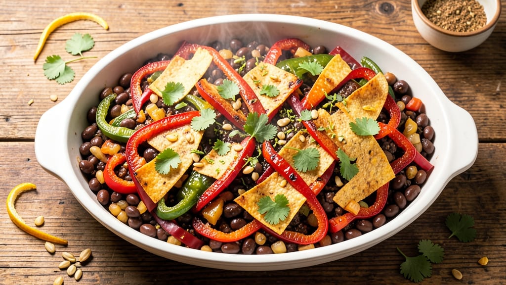Black Bean Fajita Casserole Recipe: Crispy Tortilla Crowns Over Spiced Cumin Base