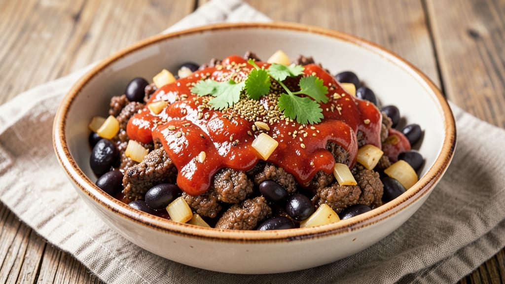 Black Bean and Minced Meat Recipe: Spiced Tomato Base with Crunchy Tortilla Topping