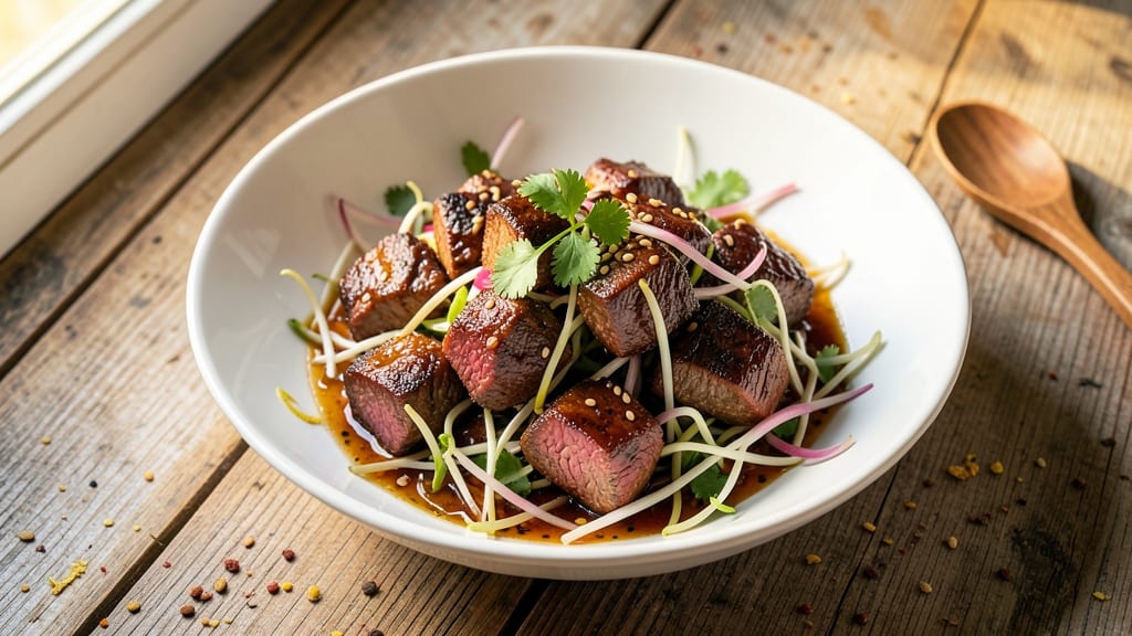 Beef Teriyaki With Bean Sprouts Recipe: Glazed Tender Meat Over Crispy Sprouts