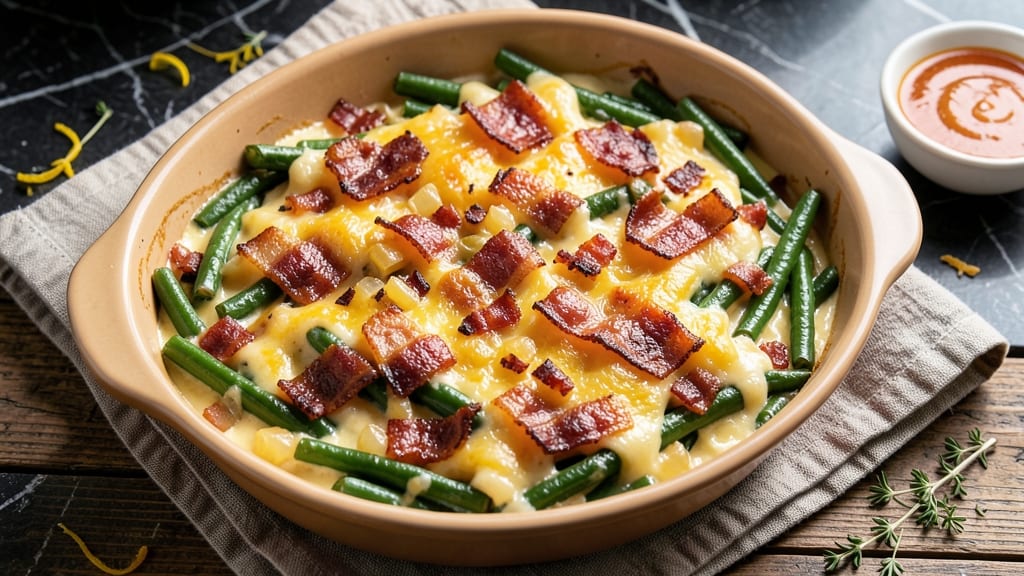 Bacon Cheddar Green Bean Casserole Recipe: Crispy Top, Melty Cheese Layers