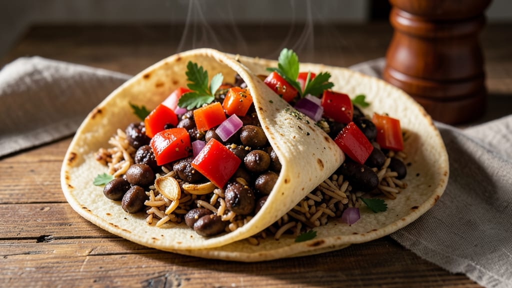 Black Bean Burrito Recipe Vegetarian: Crispy Tortilla Crowns Over Spiced Cumin Lime Filling