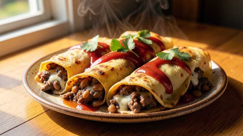 Beef Bean and Cheese Enchilada Recipe: Spiced Tortilla Wraps With Gooey Cheese Pulls