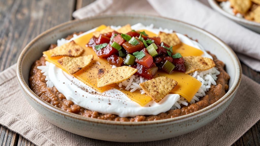 Baked 7 Layer Bean Dip Recipe: Warm, Melty Cheese Rivers Over Crunchy Tortilla Base