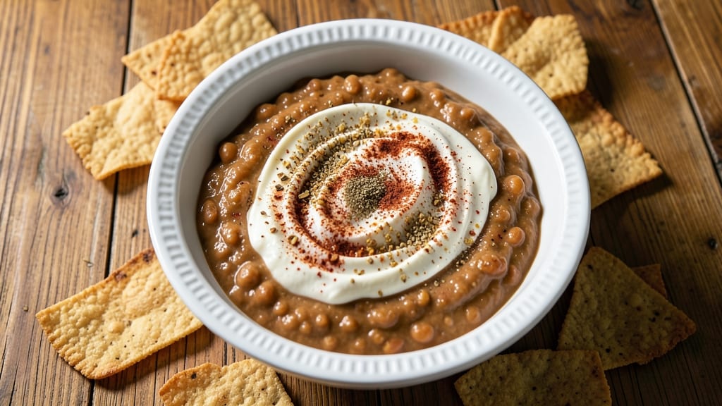 Bean Dip Recipe With Refried Beans and Cream Cheese: Crunchy Tortilla Crowns Over Velvety Cheese Swirls