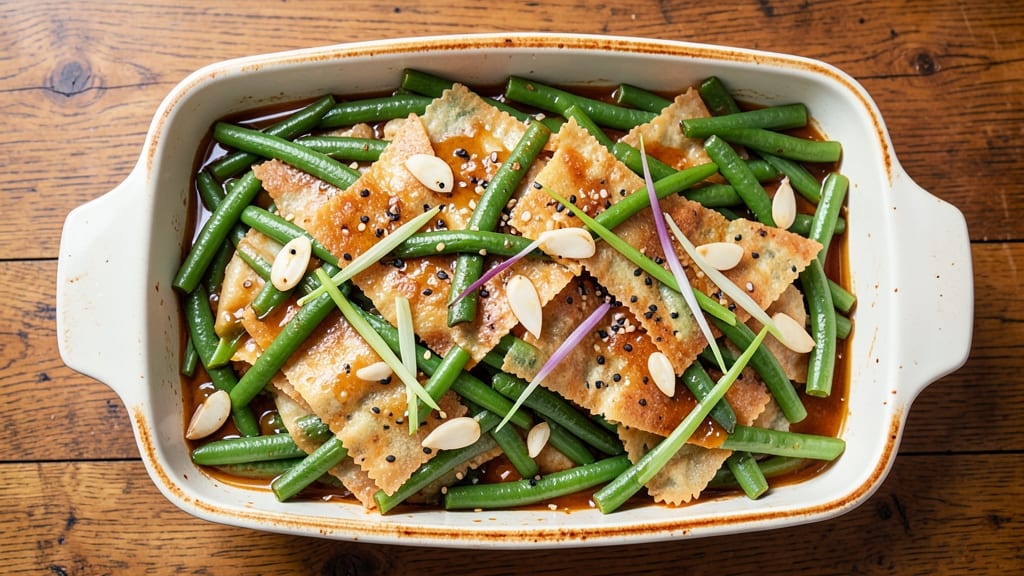 Asian Green Bean Casserole Recipe: Crispy Wonton Crowns Over Savory Soy-Ginger Sauce