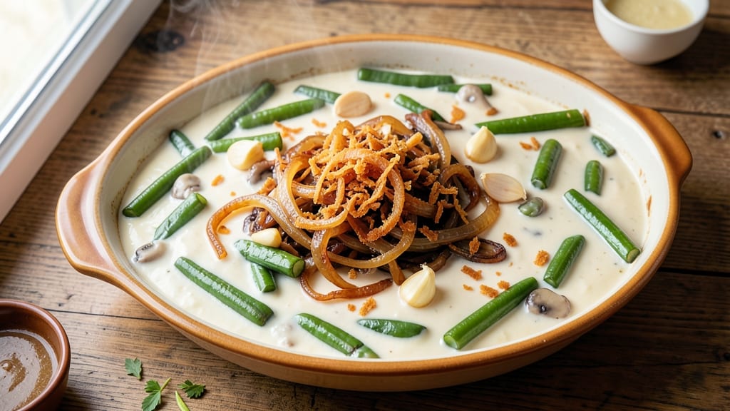 Better Than Bouillon Green Bean Casserole Recipe: Crispy Fried Onion Crowns Over Velvety Cream Sauce