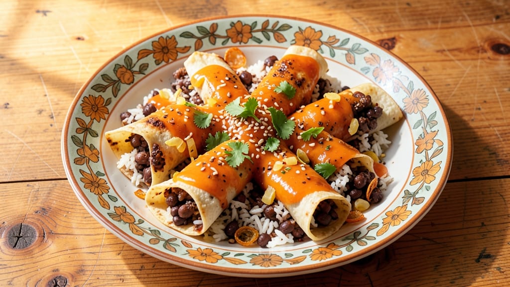 Black Bean and Rice Enchiladas Recipe: Crispy Tortilla Crowns Over Smoky Cumin Cheese