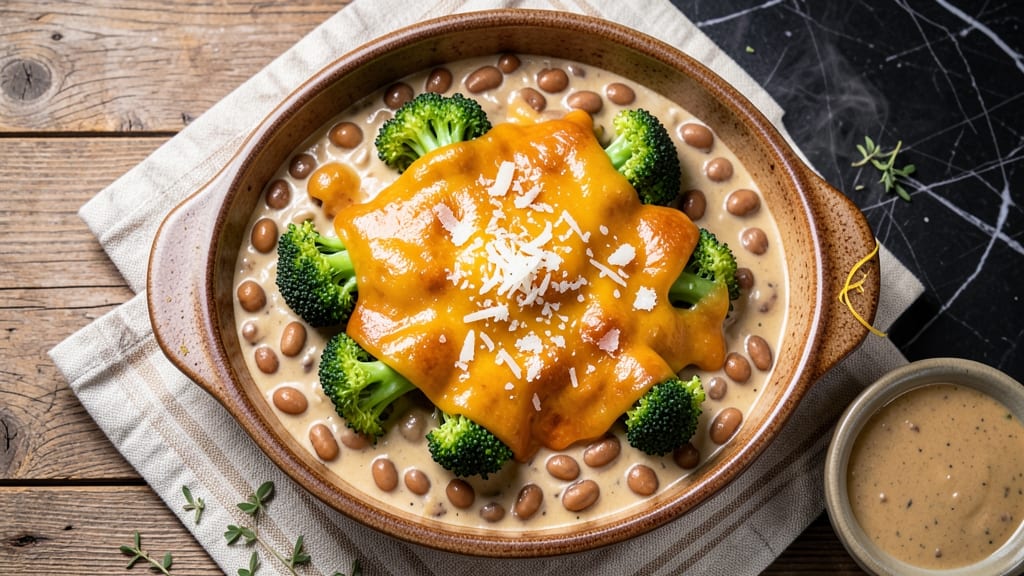Broccoli Lima Bean Casserole Recipe: Crispy Cheese Topping Over Creamy Veggie Base