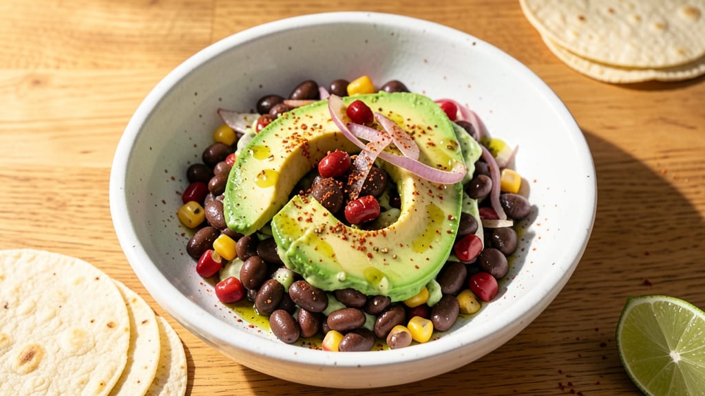 Avocado and Bean Salad Recipe: Crunchy Tortilla Crowns Over Zesty Lime-Bean Base