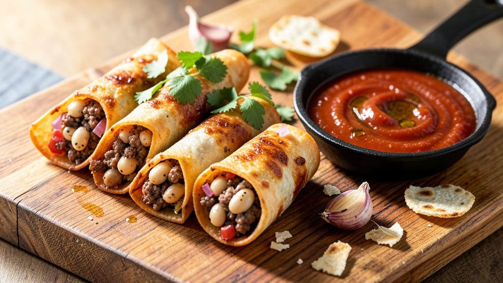 Beef and Bean Taquitos Recipe: Crispy Tortilla Wraps With Spiced Filling
