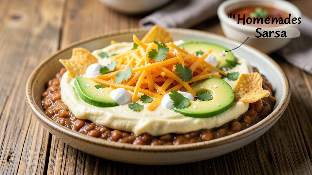 7 Layer Bean Dip Recipe With Cream Cheese: Velvety Cream Cheese Swirls and Crunchy Tortilla Top