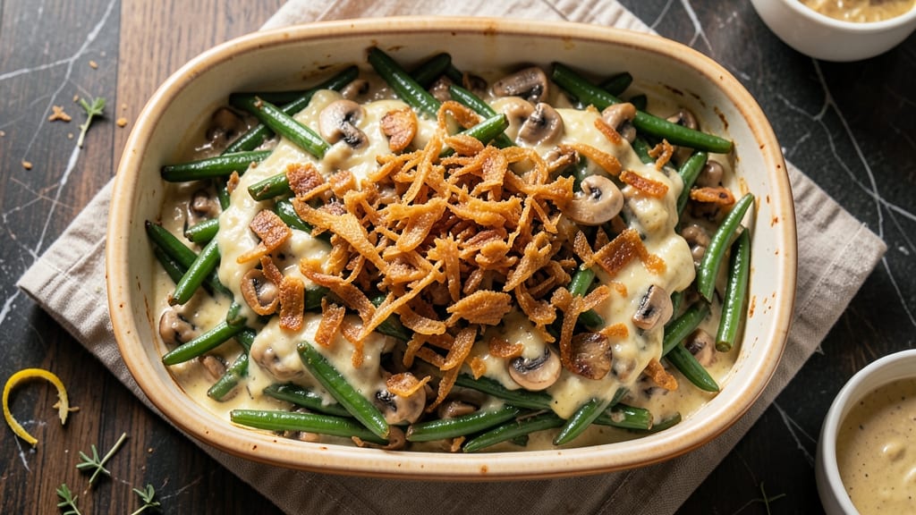 Alton Brown's Best Ever Green Bean Casserole Recipe: Creamy Mushroom Sauce with Crunchy Onion Topping