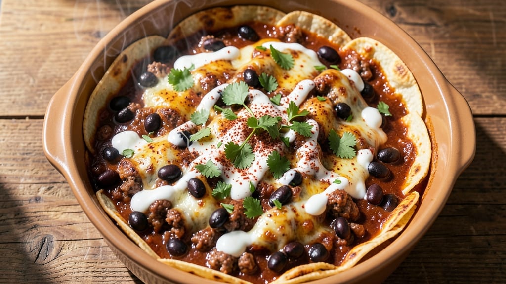 Beef, Black Bean, and Enchilada Casserole Recipe: Smoky Tortilla-Crusted Cheese Rivers
