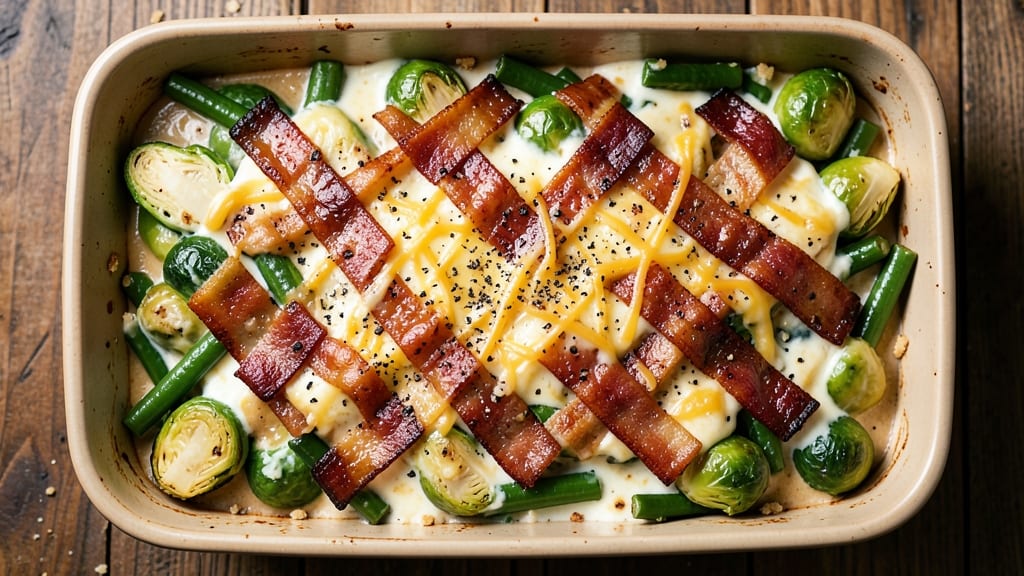 Bacon-Brussels Sprout-Green Bean Casserole Recipe: Crispy Topped Comfort in One Dish